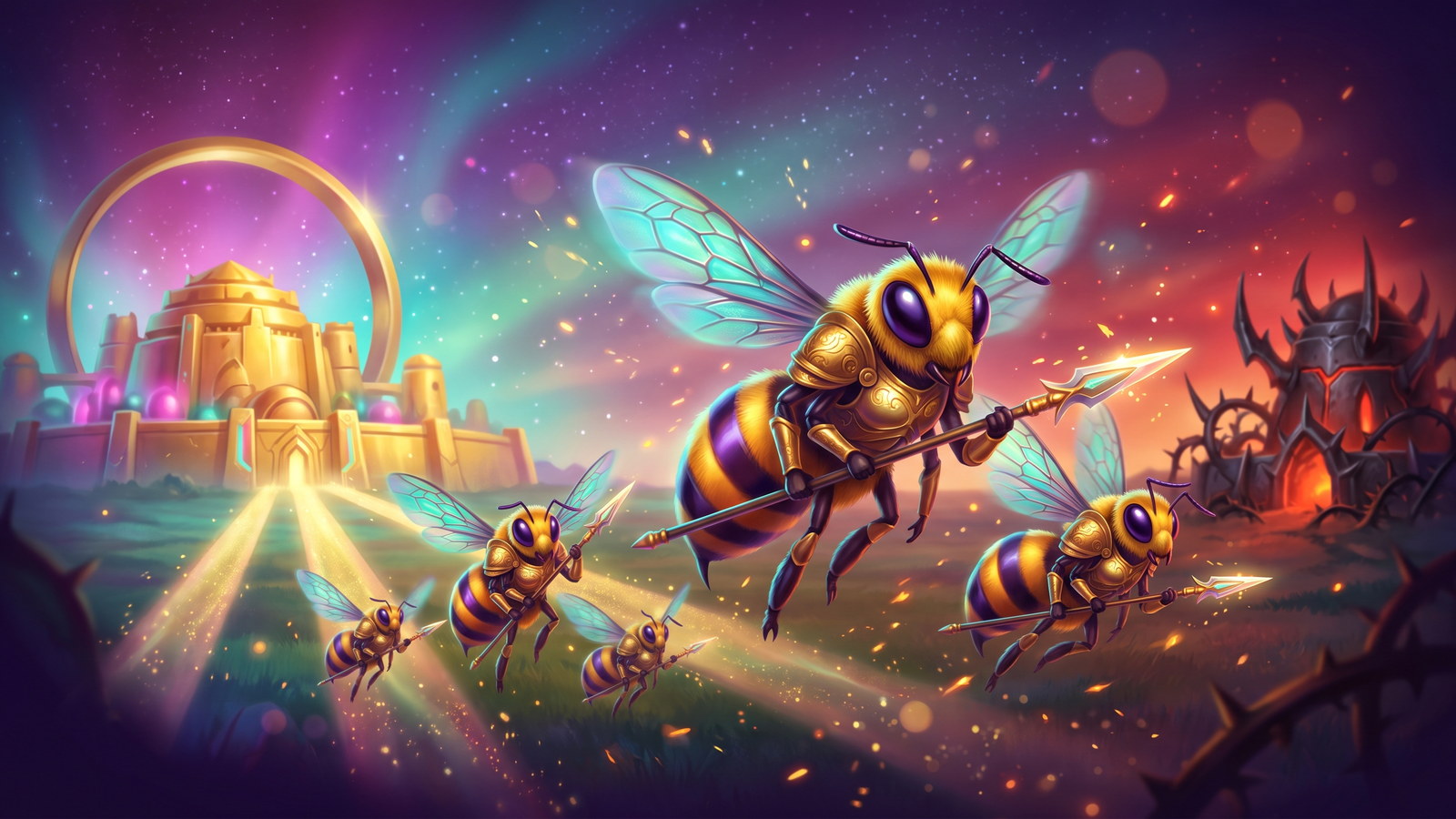 Raid Arena: armoured bees charging across a battlefield toward an enemy fortress