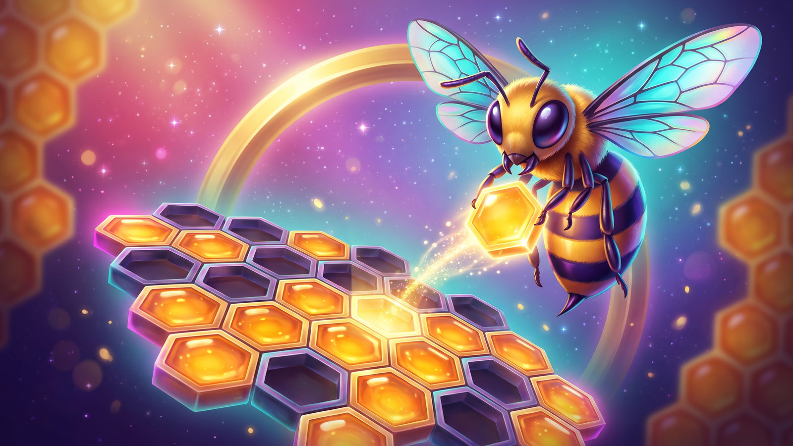 Honeycomb mini game: a bee filling glowing honeycomb cells